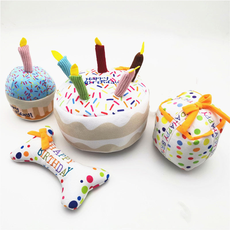 Dog Birthday Cake Plush Toy Set - Squeaky & Soft (Multi Set OR Single Item Option)