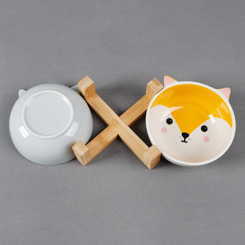 Elevated Ceramic Pet Bowl on Bamboo Stand – Neck-Friendly Raised Feeder | Grey Cat, Panda & Pink Fox