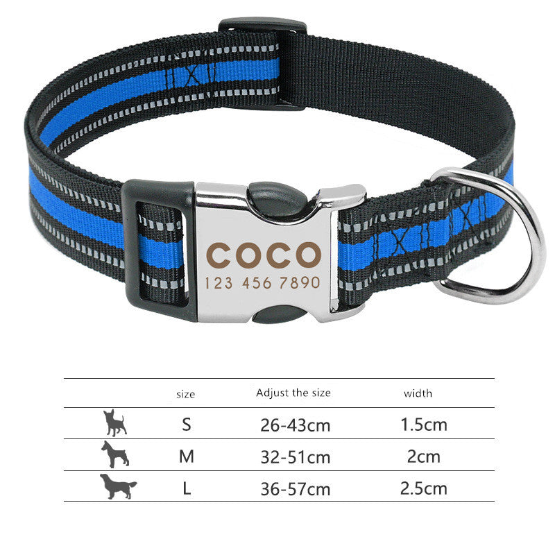 Custom Engraved Reflective Dog Collar - Personalised Name, Nylon, S/M/L