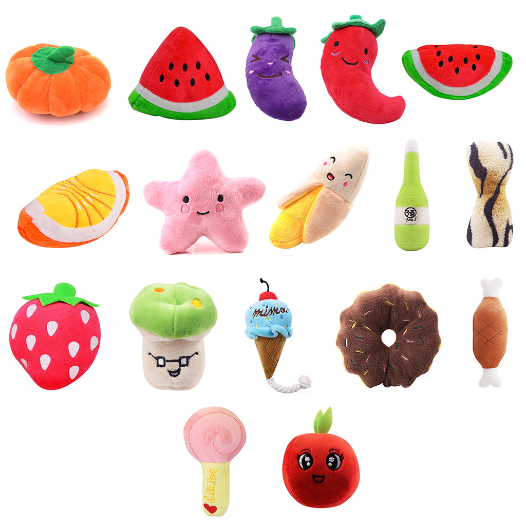 Fruit & Cartoon Plush Squeaky Pet Toy Set - 15 Designs