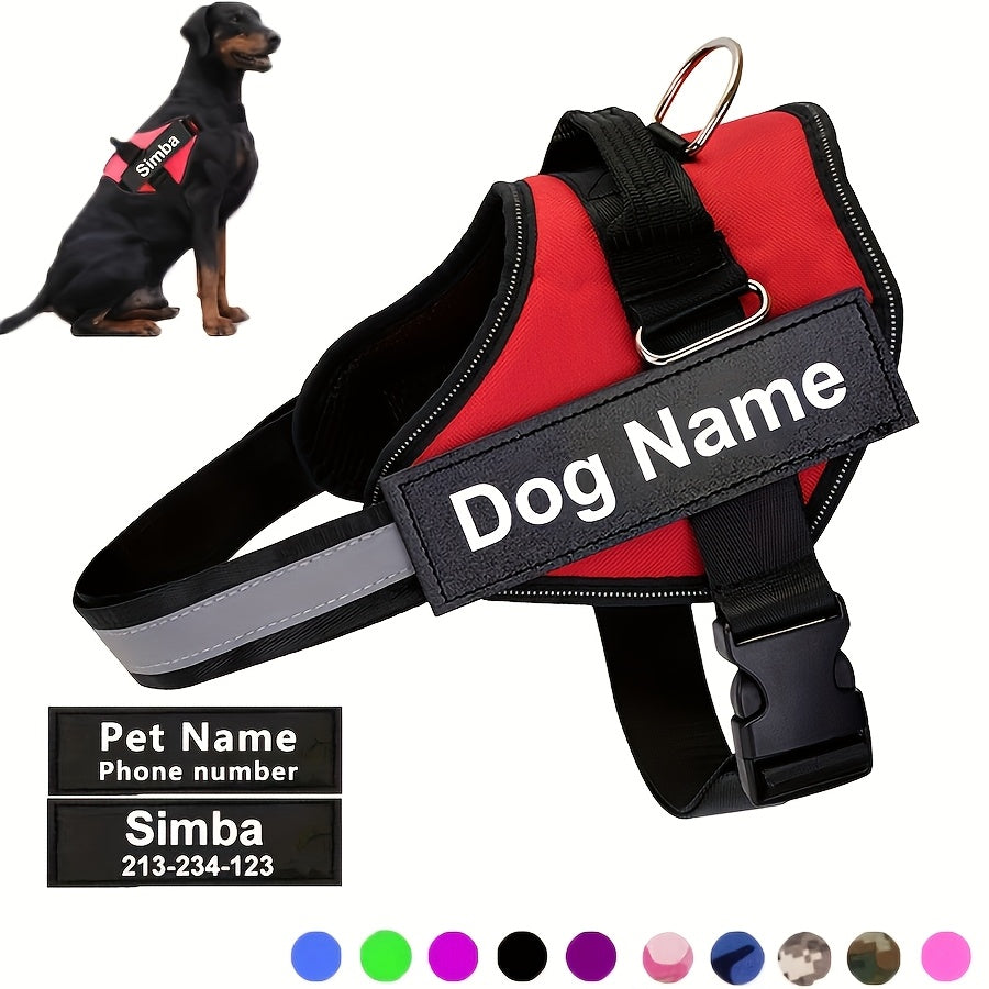 Customisable Reflective Striped Dog Harness - Personalised Name & Number Patch, Anti-Escape, XS-M