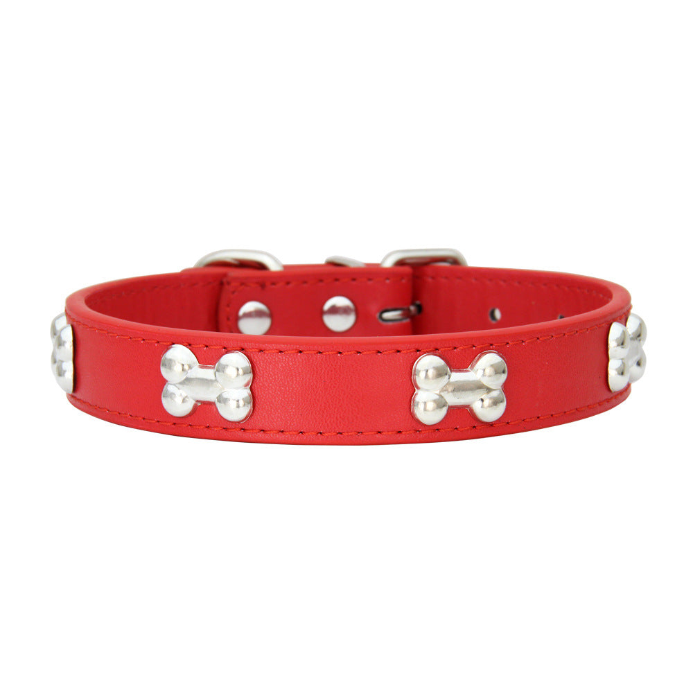 SilverBone Leather Dog Collar with Alloy Bone Buckle – Adjustable | 16 Colours | 4 Sizes