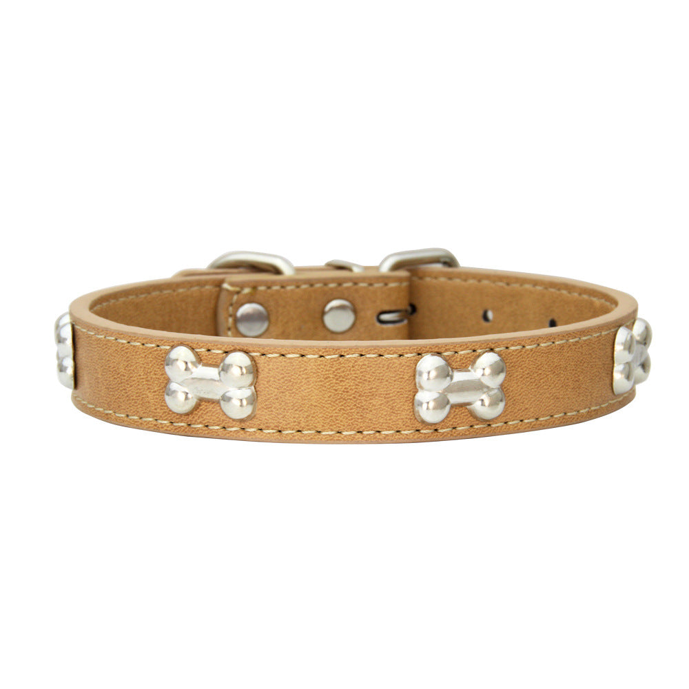 SilverBone Leather Dog Collar with Alloy Bone Buckle – Adjustable | 16 Colours | 4 Sizes