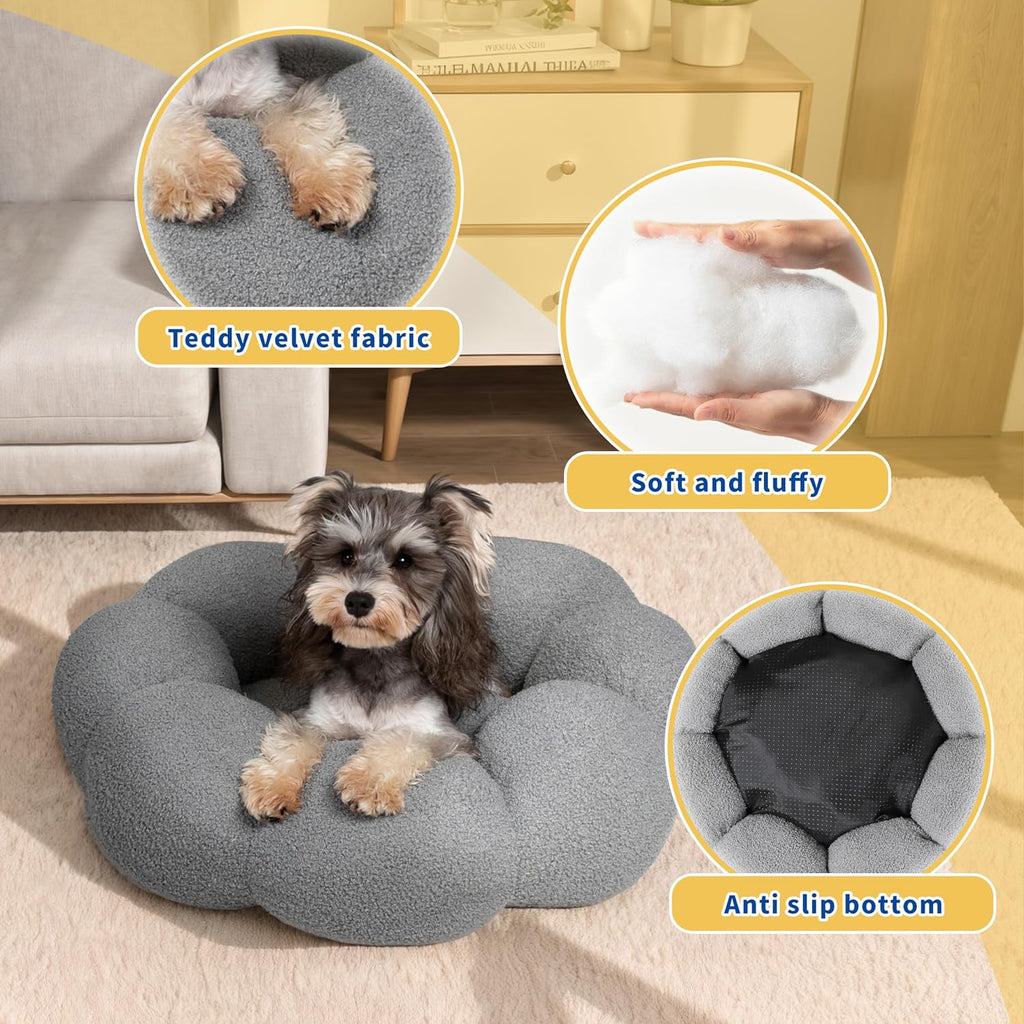 Flower Donut Calming Pet Bed – Plush Teddy Fleece Round Cuddler for Cats & Dogs | S, M & L