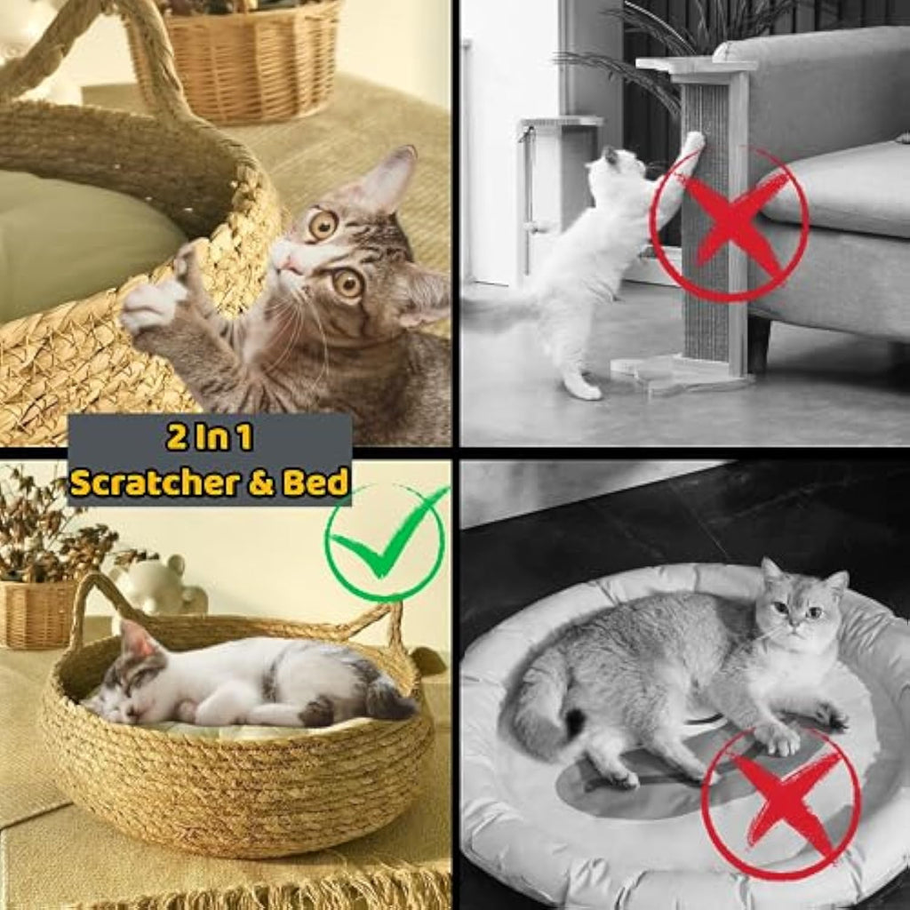 Handmade Natural Woven Cat Bed with Memory Foam Cushion- Eco-Friendly Straw Nest