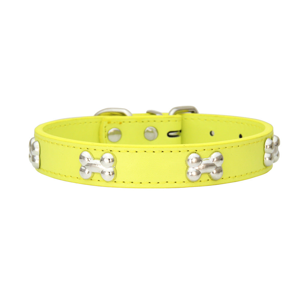 SilverBone Leather Dog Collar with Alloy Bone Buckle – Adjustable | 16 Colours | 4 Sizes
