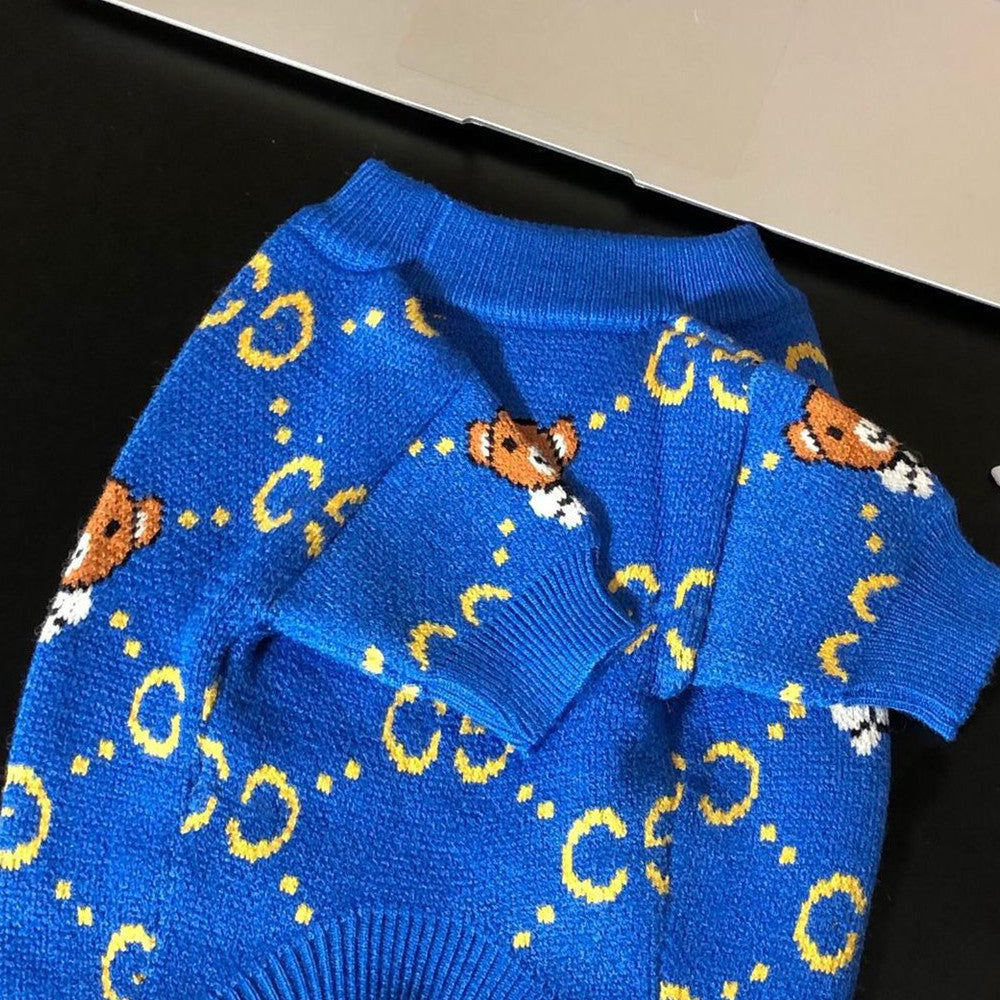 Blue Bear Gucci Style Print Dog Sweater - Cute Pet Fashion
