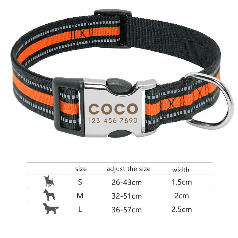 Custom Engraved Reflective Dog Collar - Personalised Name, Nylon, S/M/L