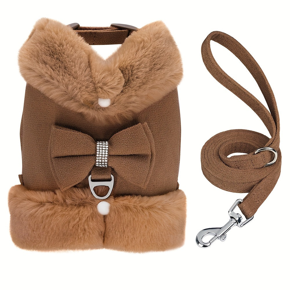 For Small And Medium Sized Dogs, Soft Fabric Dog Bow Tie Vest Harness Dress With Walking Traction Rope, Warm Dog Harness And Leash Set