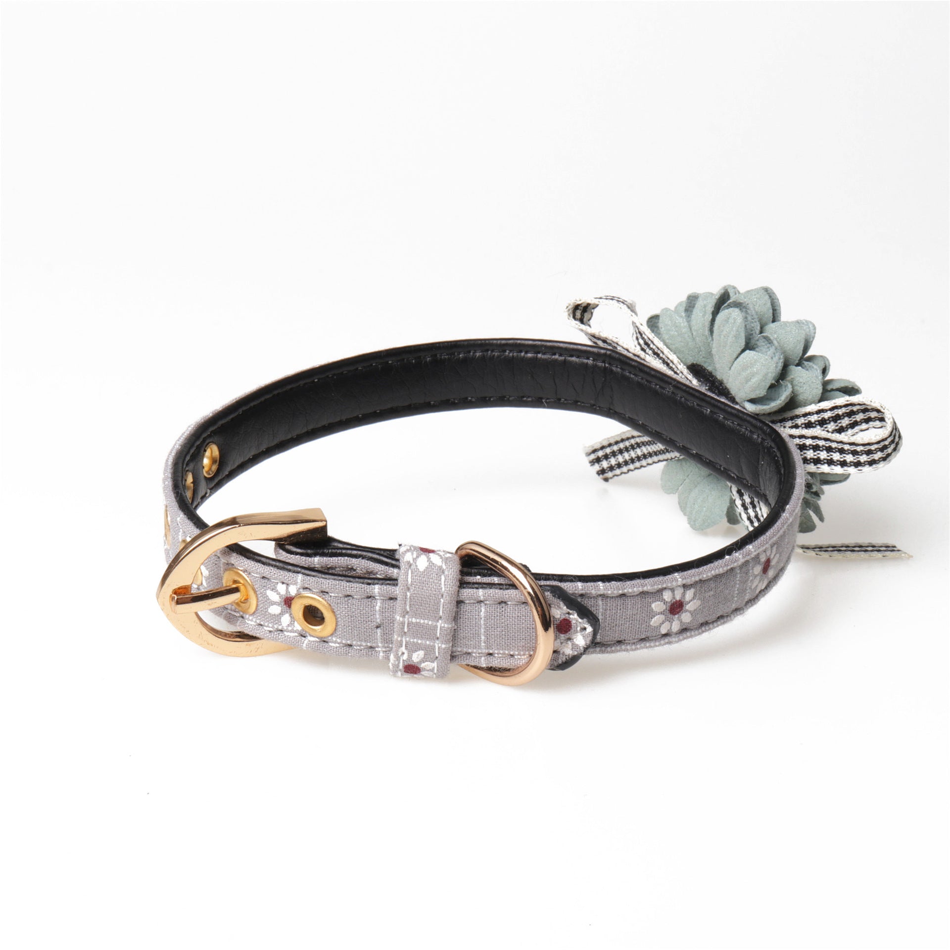 Flower Pinned Leather Pet Collar – Adjustable | Pink & Grey | 3 Collar Sizes + Matching Lead