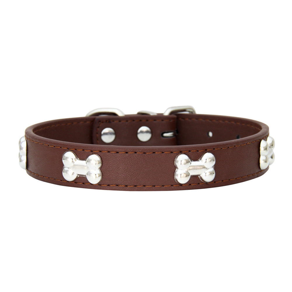 SilverBone Leather Dog Collar with Alloy Bone Buckle – Adjustable | 16 Colours | 4 Sizes