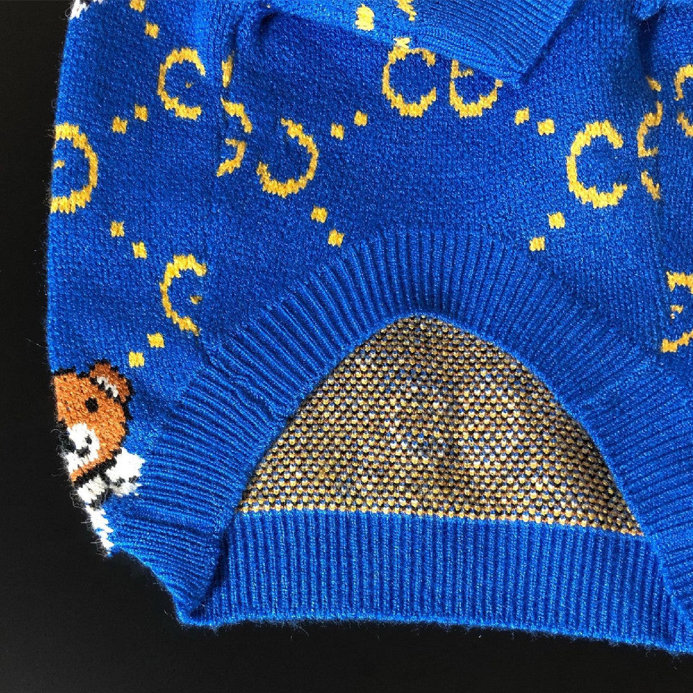 Blue Bear Gucci Style Print Dog Sweater - Cute Pet Fashion