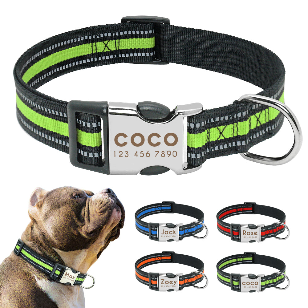 Custom Engraved Reflective Dog Collar - Personalised Name, Nylon, S/M/L