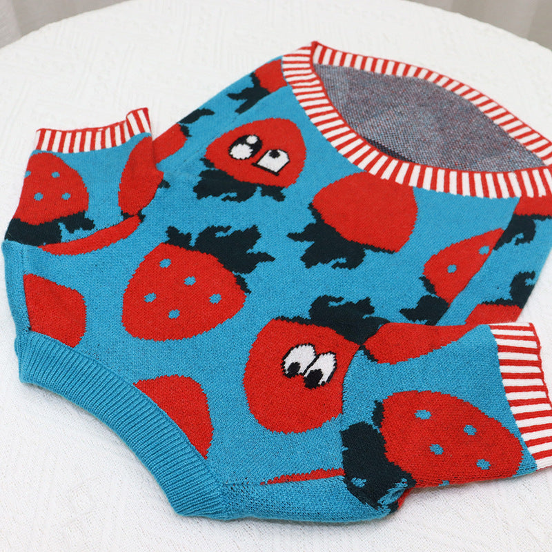 Strawberry Print Wool Dog Sweater - Cute Style for Stocky Breeds