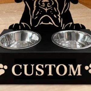 Personalised Dog Food Bowl Rack - Custom Name, Wrought Iron, 33x17cm