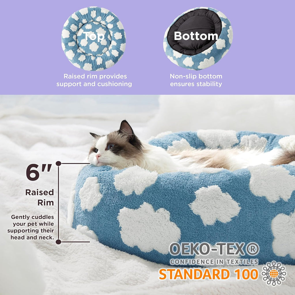 Jacquard Donut Pet Bed - Shaggy Plush with Anti-Slip Base