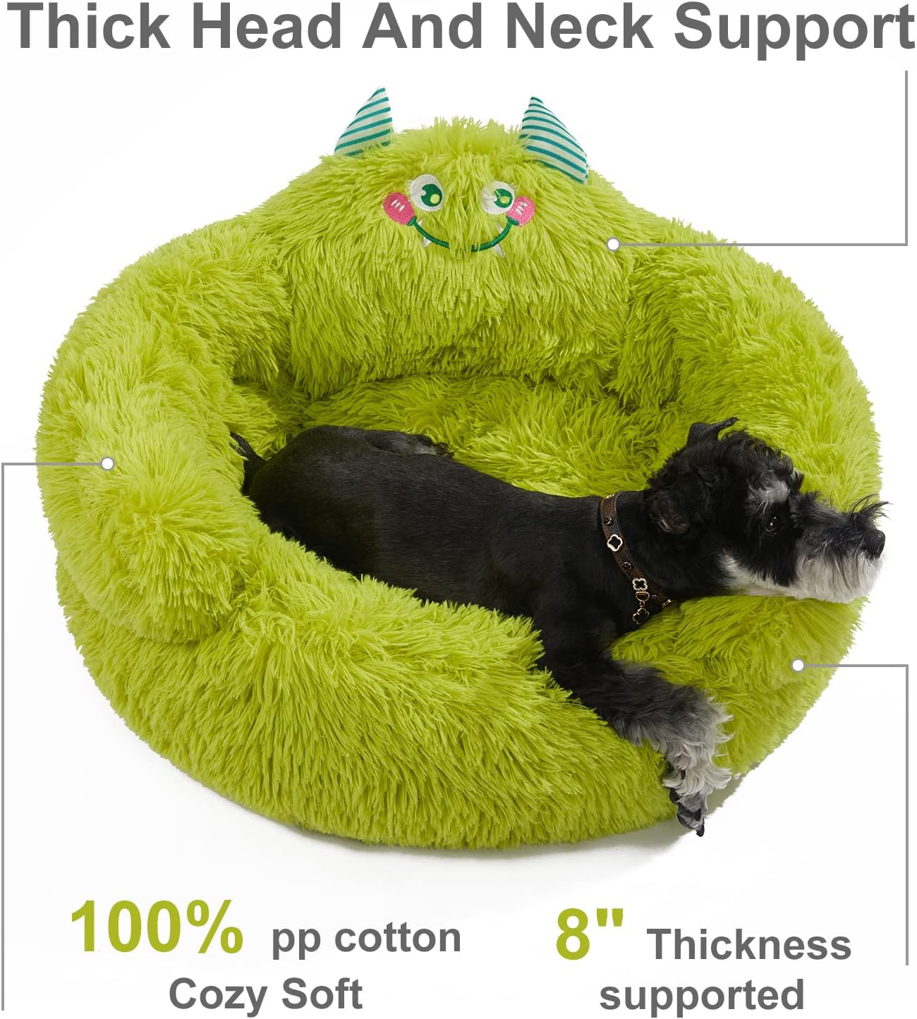 Green Monster Donut Bed - Plush Calming Cuddler for Small Pets