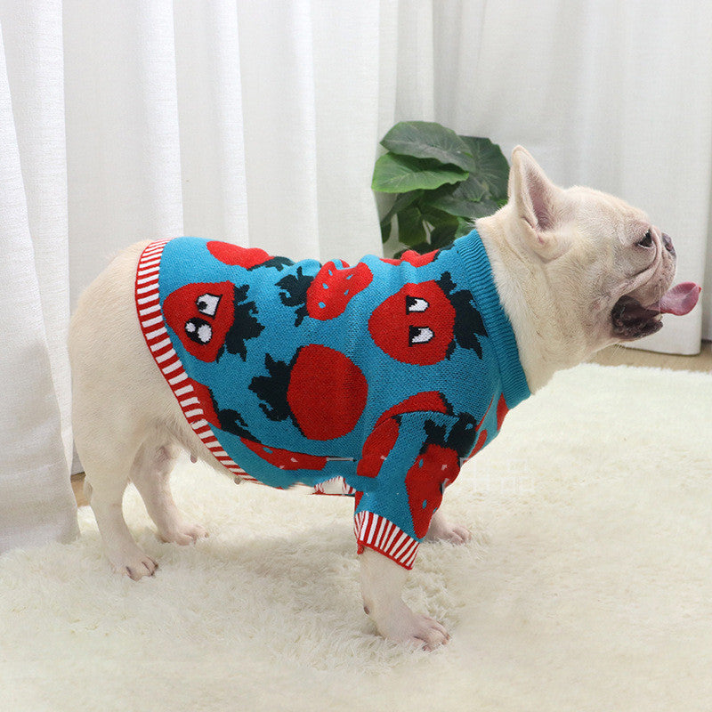 Strawberry Print Wool Dog Sweater - Cute Style for Stocky Breeds