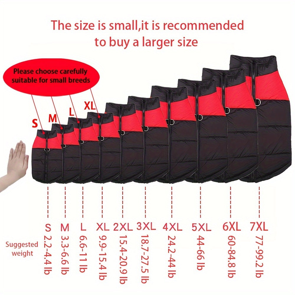 Waterproof And Windproof Fleece-Lined Dog Coat With Zipper For Small And Medium Digs, Cotton Filling, Polyester Shell, Adjustable Closure