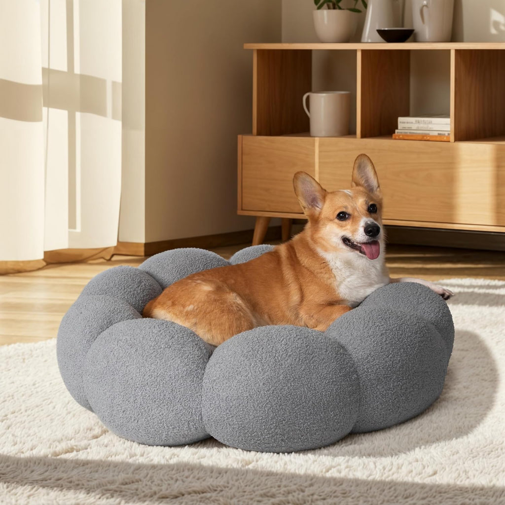 Flower Donut Calming Pet Bed – Plush Teddy Fleece Round Cuddler for Cats & Dogs | S, M & L