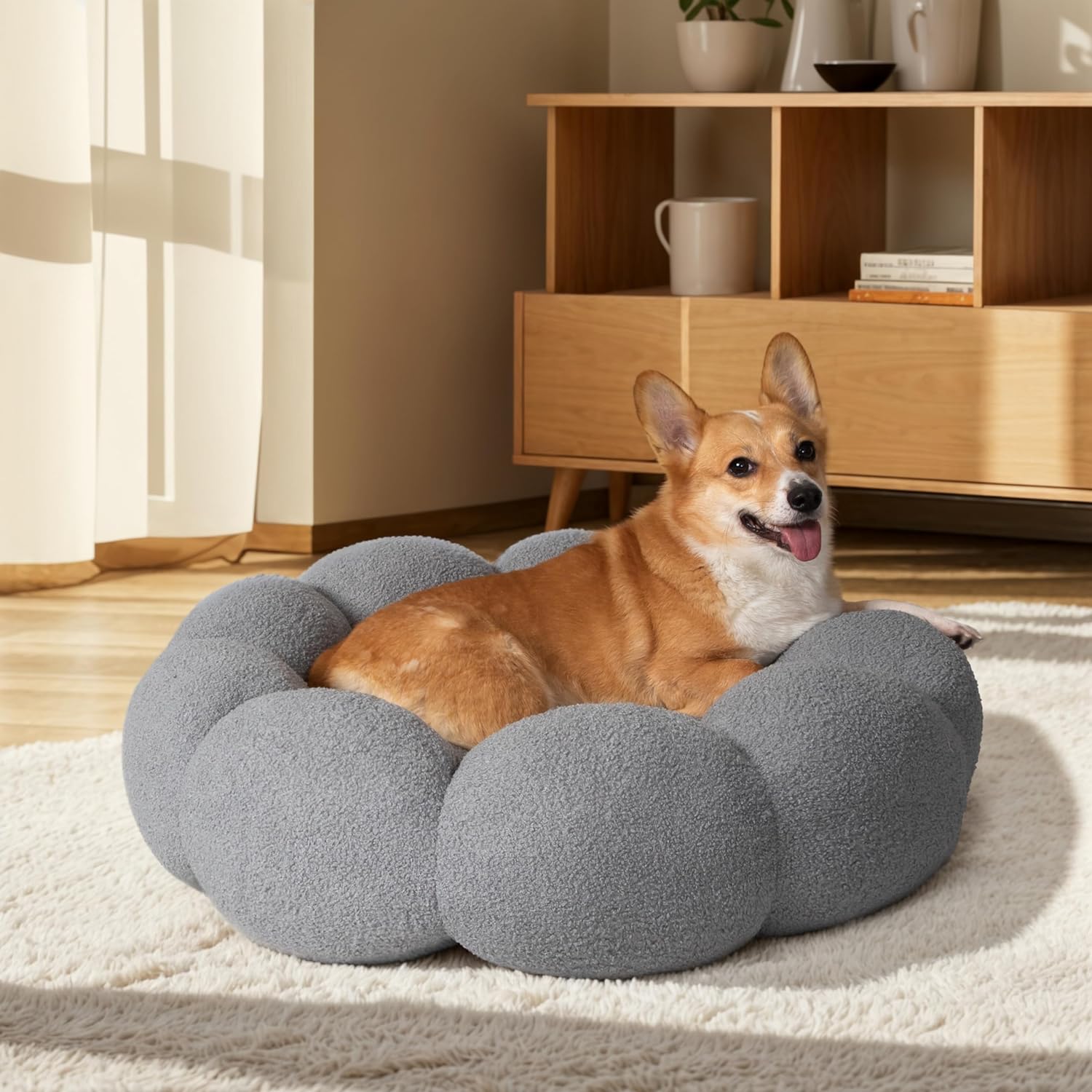 Flower Donut Calming Pet Bed – Plush Teddy Fleece Round Cuddler for Cats & Dogs | S, M & L