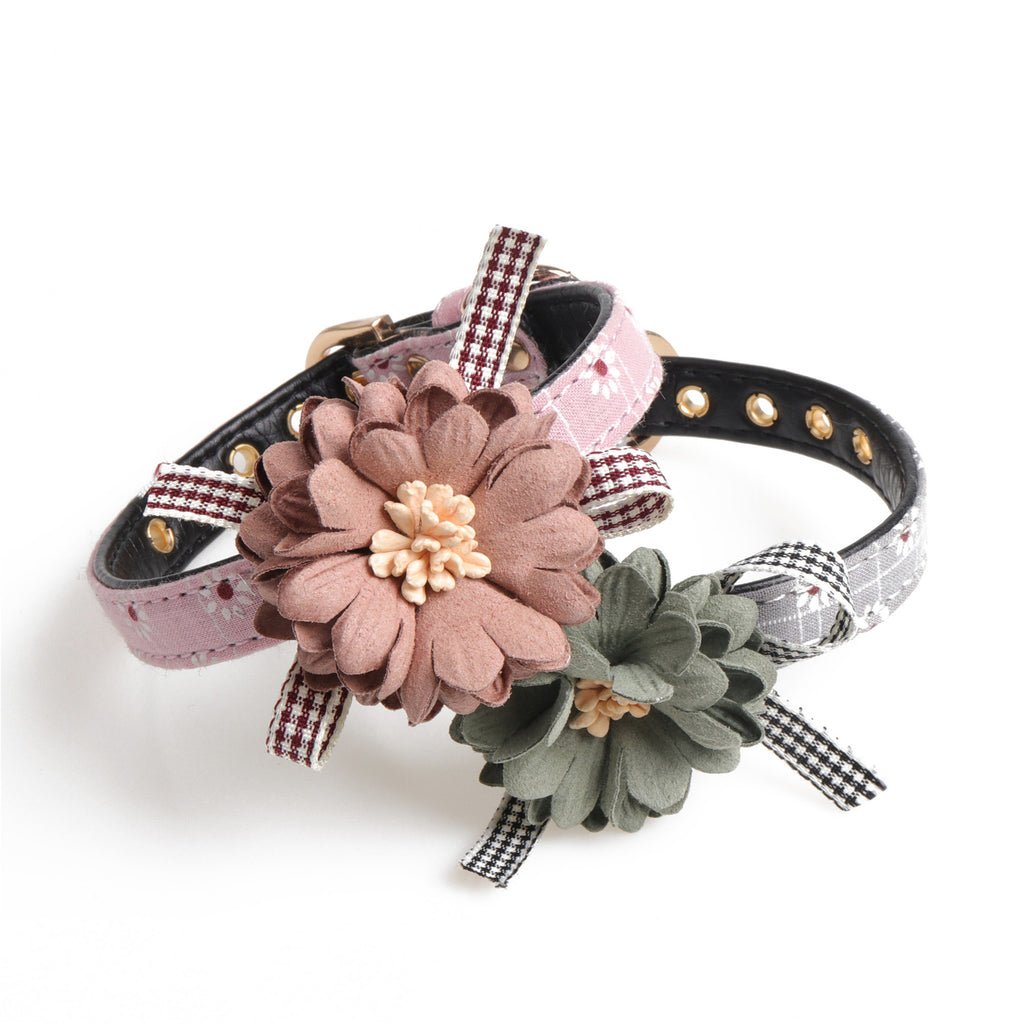 Flower Pinned Leather Pet Collar – Adjustable | Pink & Grey | 3 Collar Sizes + Matching Lead