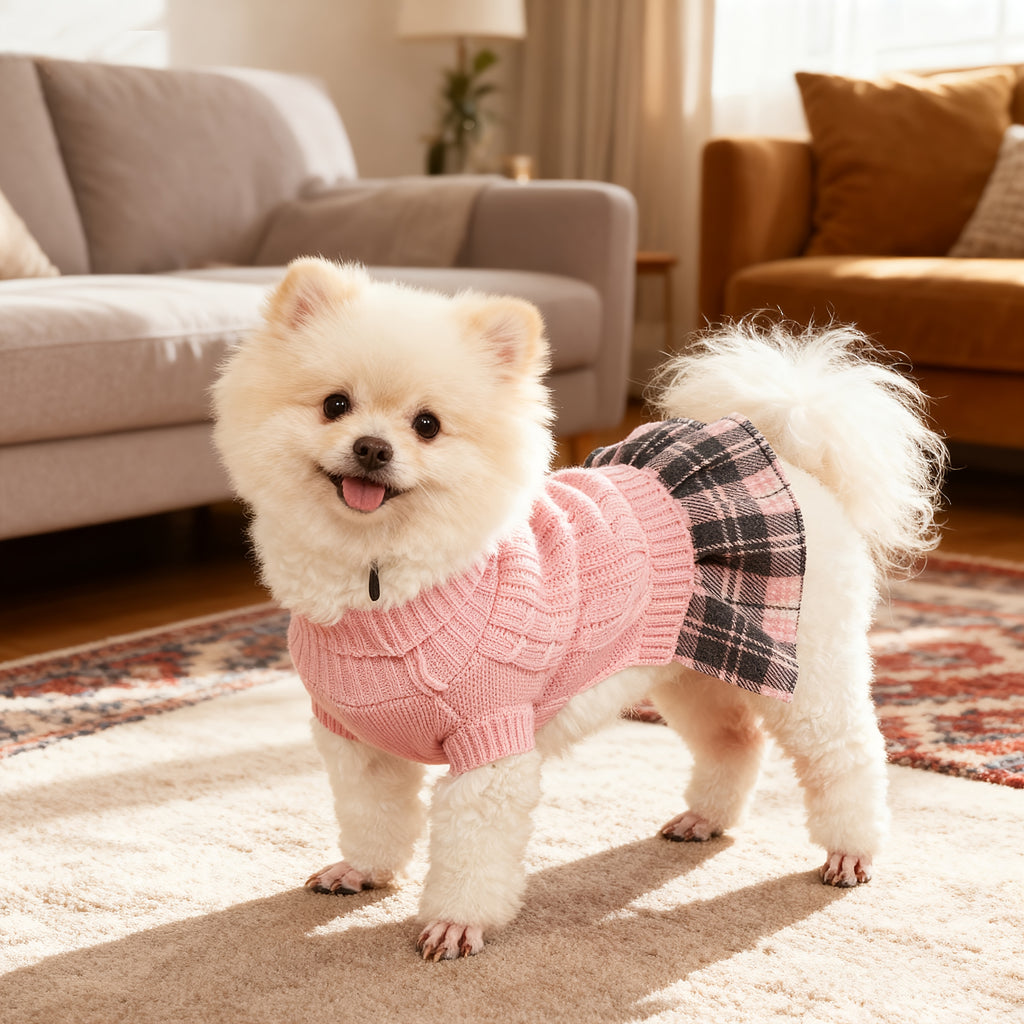 Christmas Sweater Dress for Small Dogs – Red & Black Plaid Knit with Bowtie