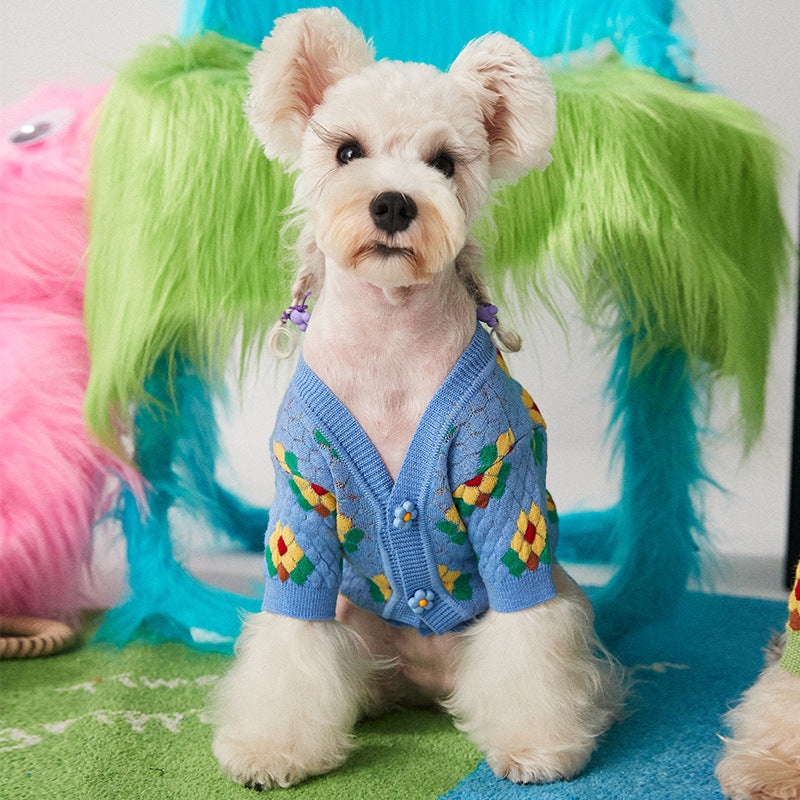 Floral Wool Dog Cardigan - Delicate Flower Detail Knitwear
