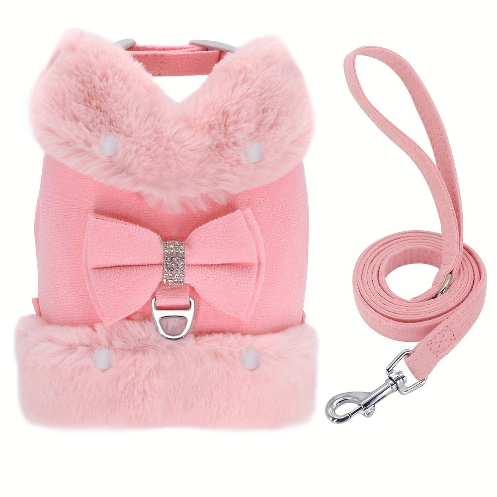For Small And Medium Sized Dogs, Soft Fabric Dog Bow Tie Vest Harness Dress With Walking Traction Rope, Warm Dog Harness And Leash Set
