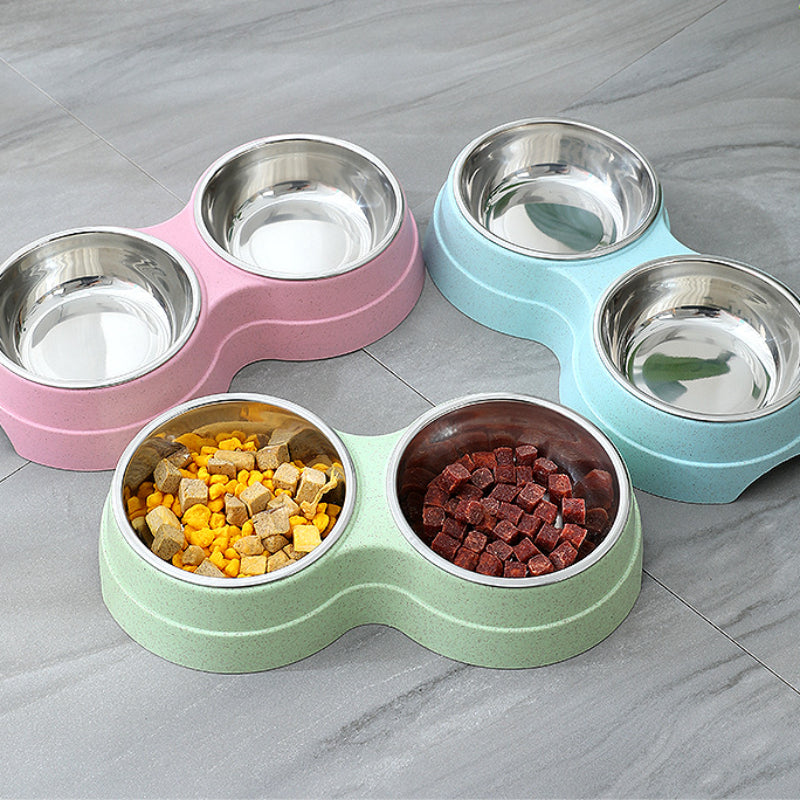 Double Stainless Steel Pet Bowl – Food & Water Feeder for Dogs & Cats | Green, Pink & Blue