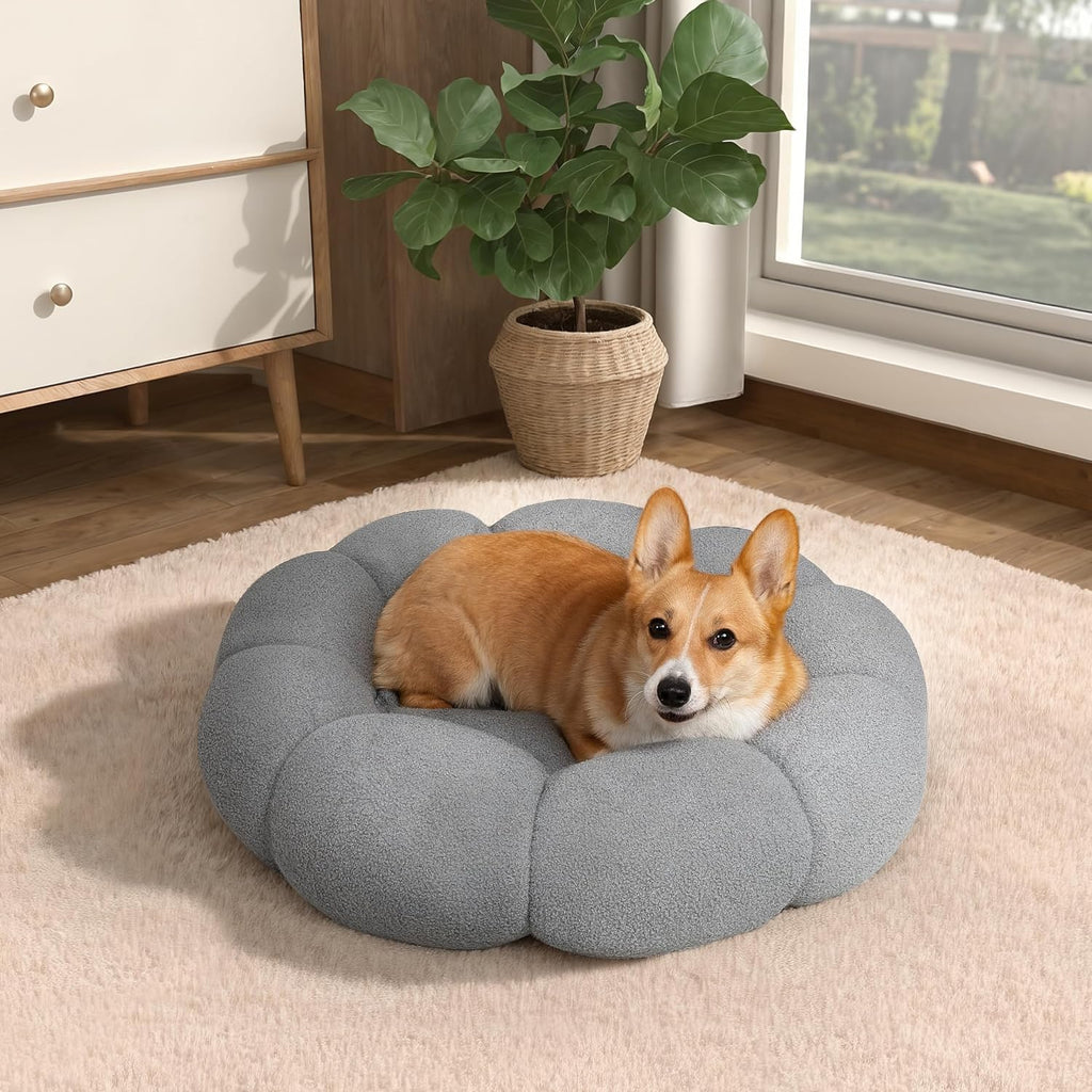Flower Donut Calming Pet Bed – Plush Teddy Fleece Round Cuddler for Cats & Dogs | S, M & L