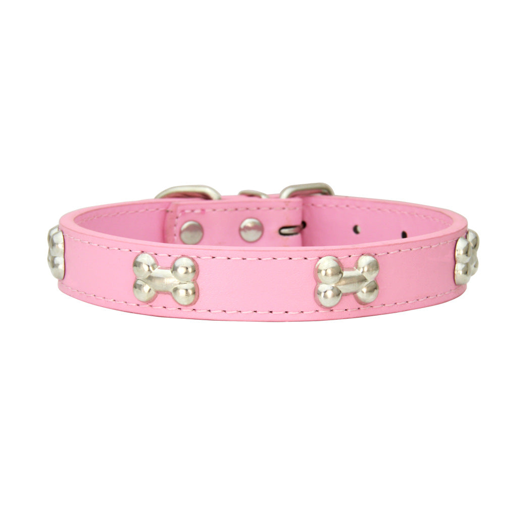 SilverBone Leather Dog Collar with Alloy Bone Buckle – Adjustable | 16 Colours | 4 Sizes