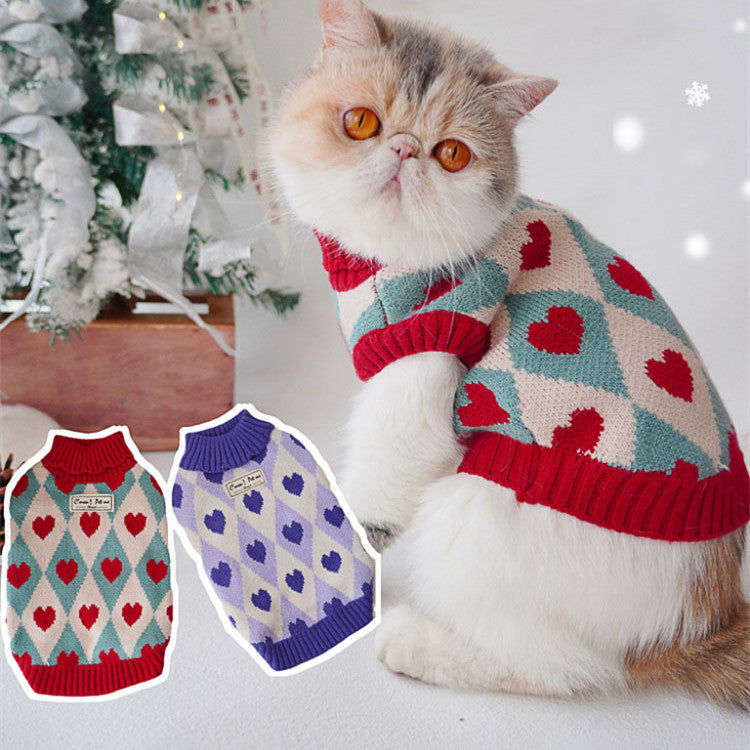 Christmas Rhombus Love Knit Sweater for Cats & Dogs - Festive Winter Style