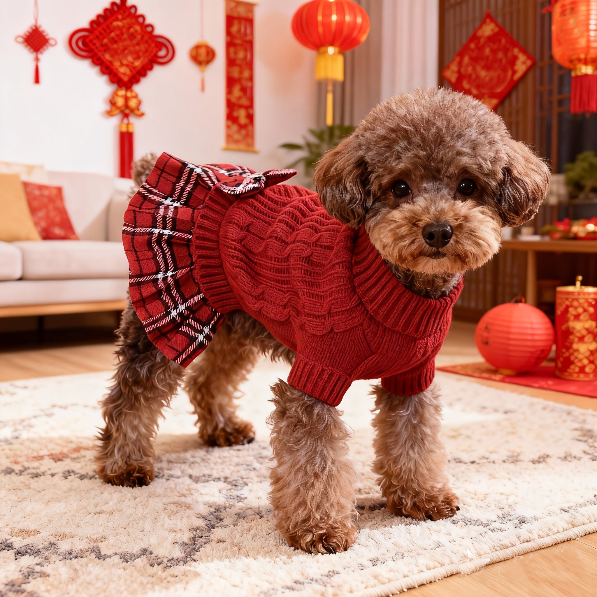 Christmas Sweater Dress for Small Dogs – Red & Black Plaid Knit with Bowtie