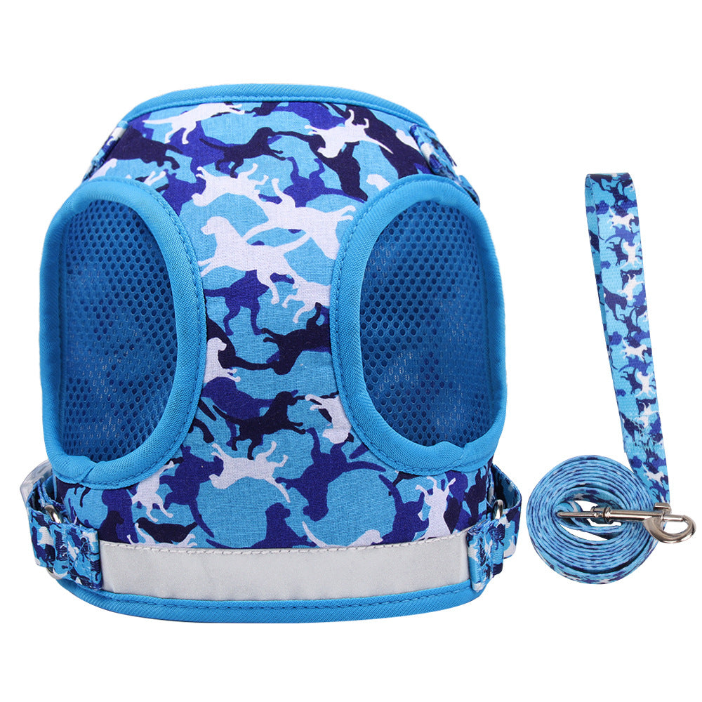 Reflective Breathable Pet Harness & Lead Set – Printed Design | Blue, Pink, Grey & Yellow | S–XL