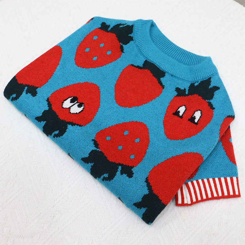 Strawberry Print Wool Dog Sweater - Cute Style for Stocky Breeds
