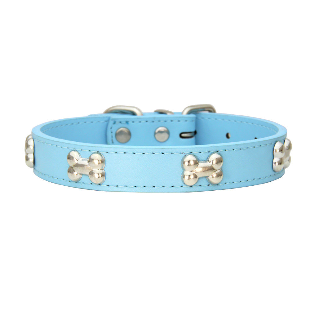 SilverBone Leather Dog Collar with Alloy Bone Buckle – Adjustable | 16 Colours | 4 Sizes