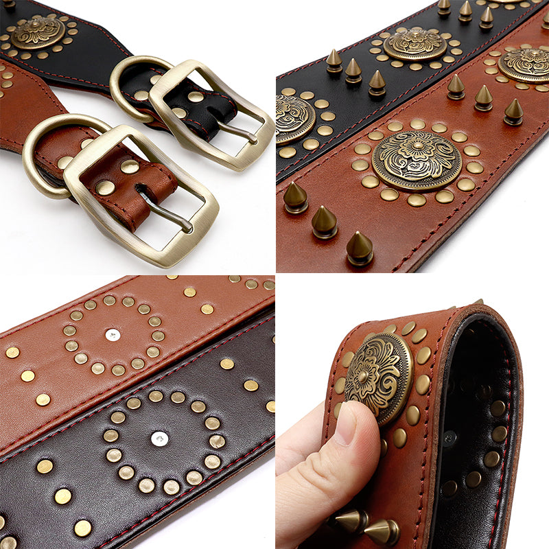 Studded Leather Dog Collar for Large Dogs – Durable Real Leather with Spike Detail | Brown & Black | L & XL