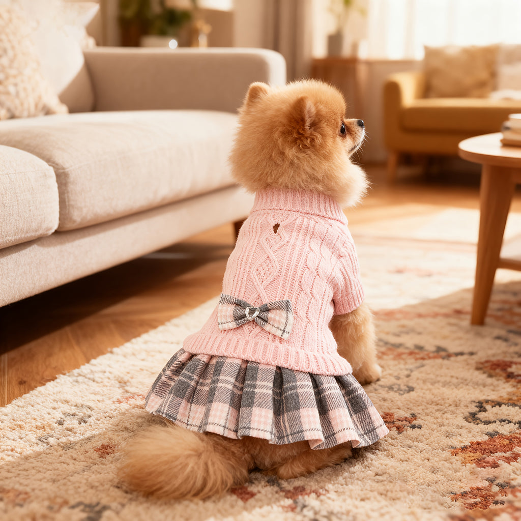 Christmas Sweater Dress for Small Dogs – Red & Black Plaid Knit with Bowtie