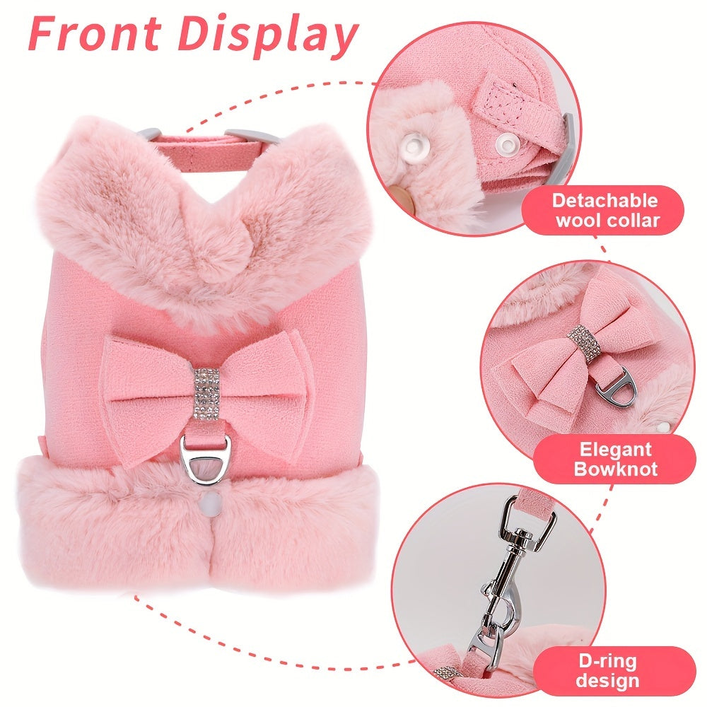 For Small And Medium Sized Dogs, Soft Fabric Dog Bow Tie Vest Harness Dress With Walking Traction Rope, Warm Dog Harness And Leash Set
