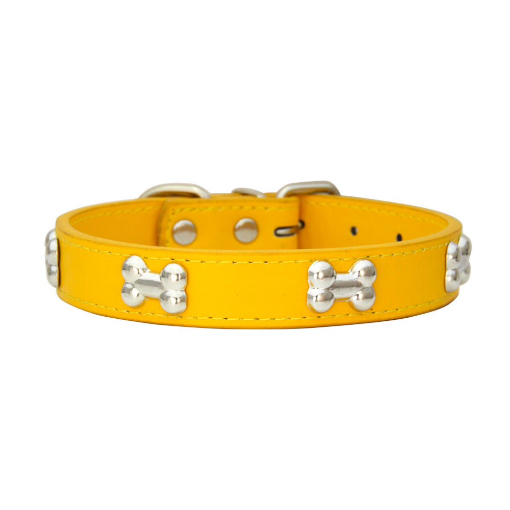 SilverBone Leather Dog Collar with Alloy Bone Buckle – Adjustable | 16 Colours | 4 Sizes