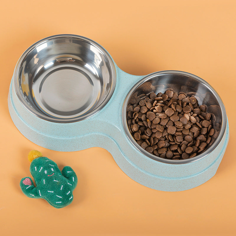 Double Stainless Steel Pet Bowl – Food & Water Feeder for Dogs & Cats | Green, Pink & Blue