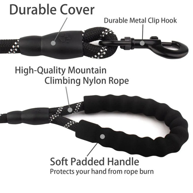 Reflective Nylon Dog Lead – Padded Handle, Heavy Duty Double Rope | 1.5m, 2m & 3m