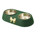 Bowtie Double Pet Bowl – Food & Water Bowl for Dogs & Cats | White, Green & Brown
