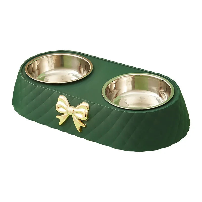 Bowtie Double Pet Bowl – Food & Water Bowl for Dogs & Cats | White, Green & Brown