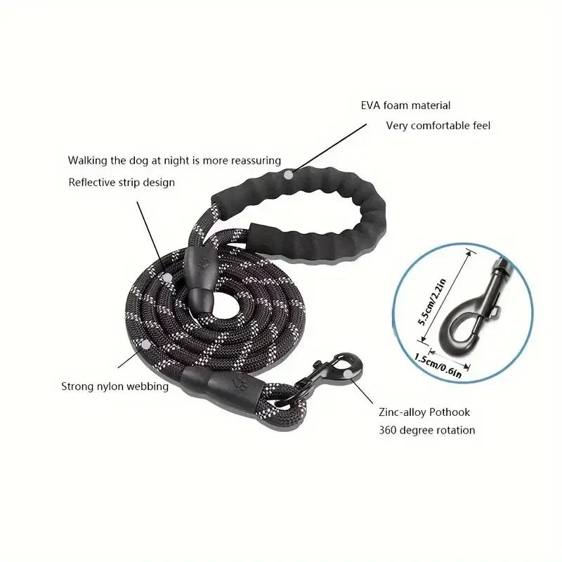Reflective Nylon Dog Lead – Padded Handle, Heavy Duty Double Rope | 1.5m, 2m & 3m