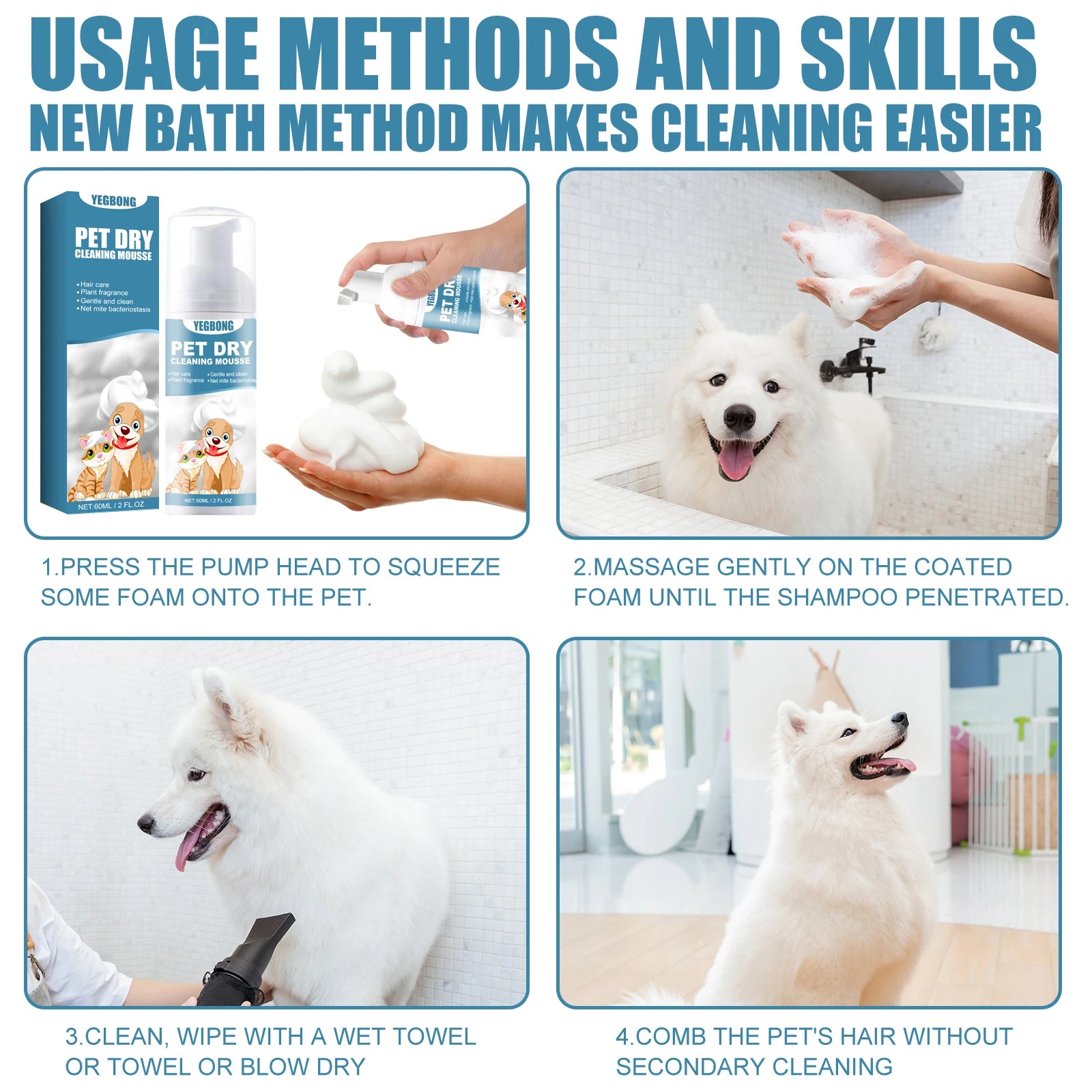 YEGBONG Dry Pet Shampoo – No-Rinse Formula for Sensitive Skin
