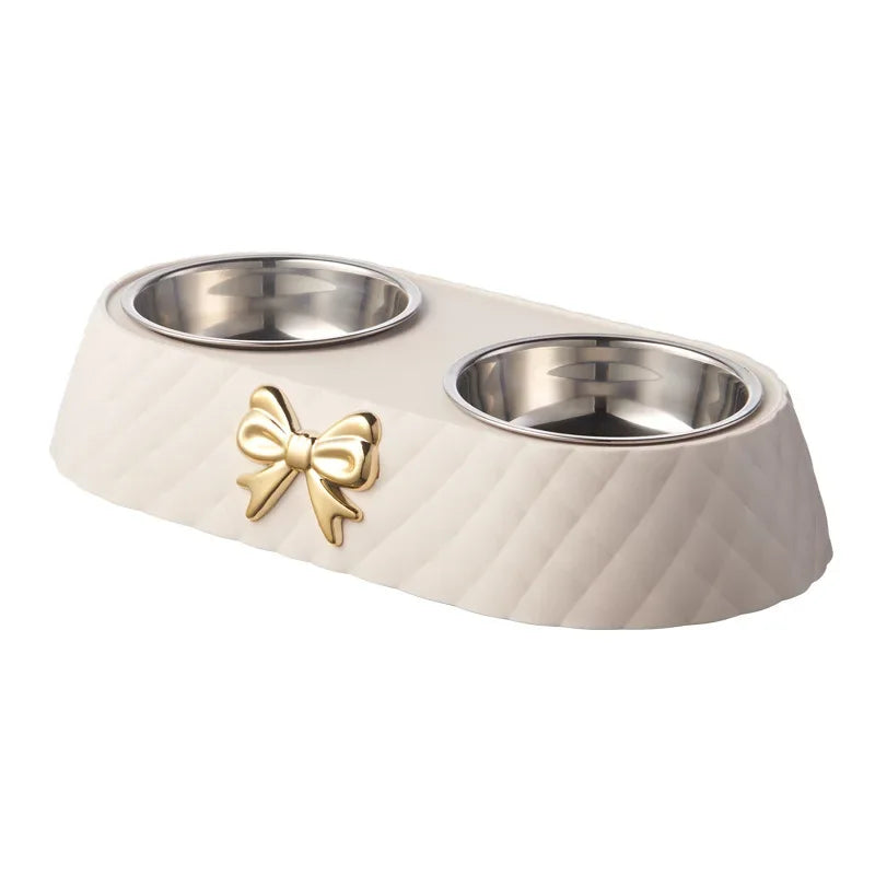 Bowtie Double Pet Bowl – Food & Water Bowl for Dogs & Cats | White, Green & Brown
