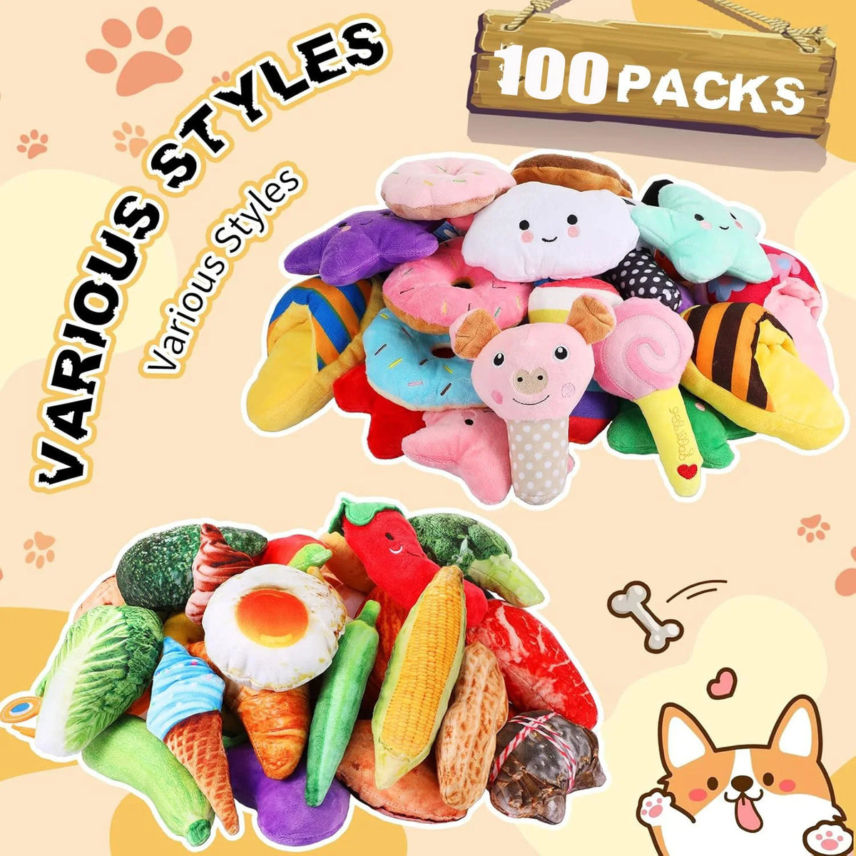 100-Piece Assorted Squeak Toy Bundle