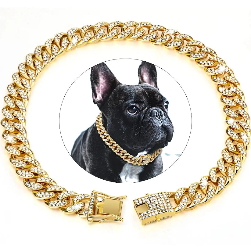 Luxury Diamond Cuban Chain Pet Collar – Gold & Silver Jewellery Collar